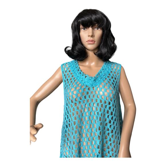 Kaktus sleeveless Tunic Open Weave Crochet Lagenlook Boho in blue size large - Picture 3 of 12